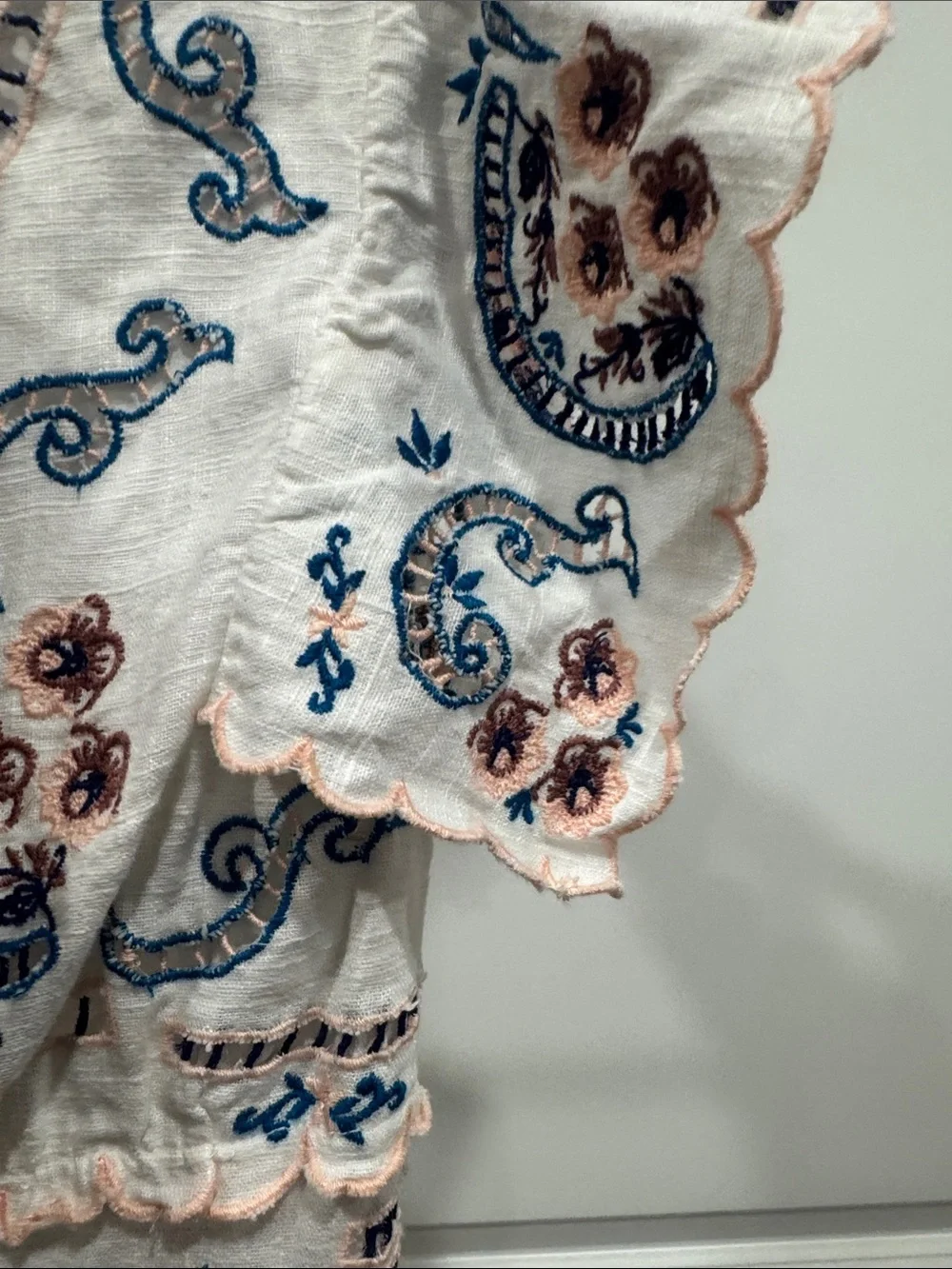Free People White Mini Dress with Blue and Pink Paisley Embroidery